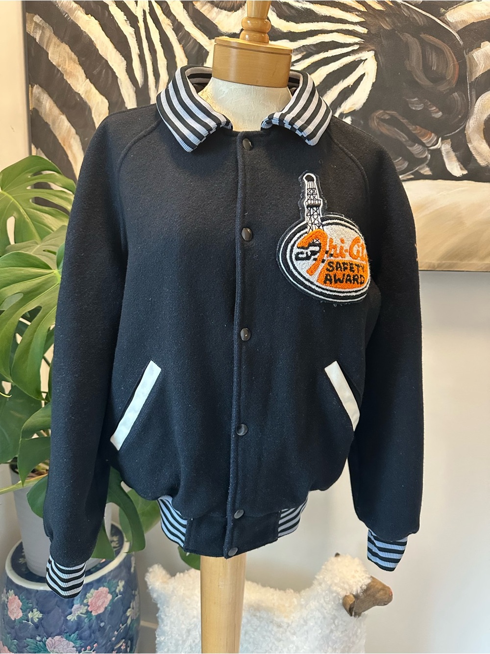 Black Wool Bomber Jacket with Striped Collar and Safety Patch